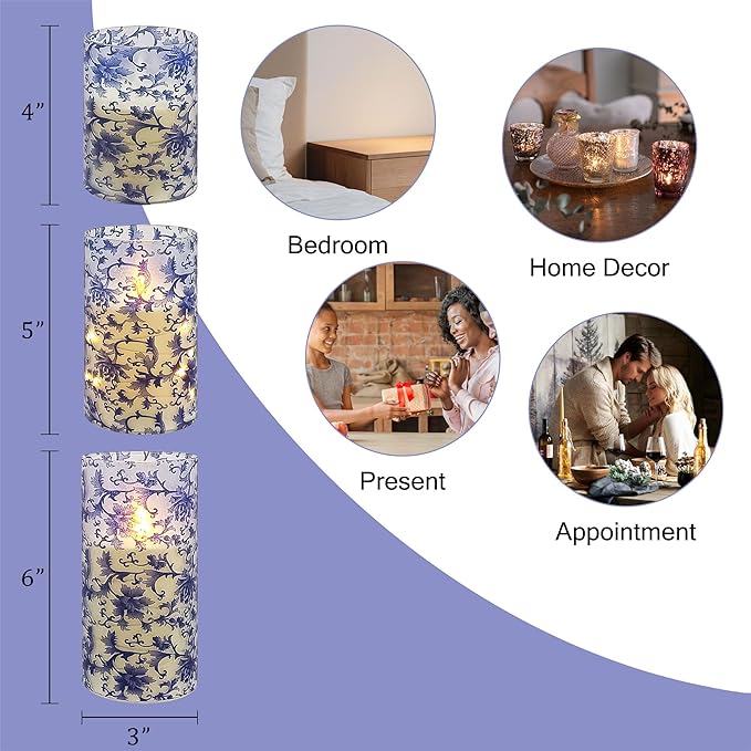 Floral Flameless LED Pillar Candles with String Lights, 3pcs Blue and White Battery Operated Flickering Candles with Timer Remote,Chinese Porcelain Style Candle for Wedding Mother's Day Home Decor
