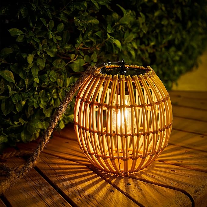 Livinlarge Hanging Solar Lantern Outdoor Waterproof, Large Solar Rattan Lantern Outdoor with Twine Handle, Bright Outdoors Hanging Lights with Edison Bulb for Garden Patio Yard Decoration