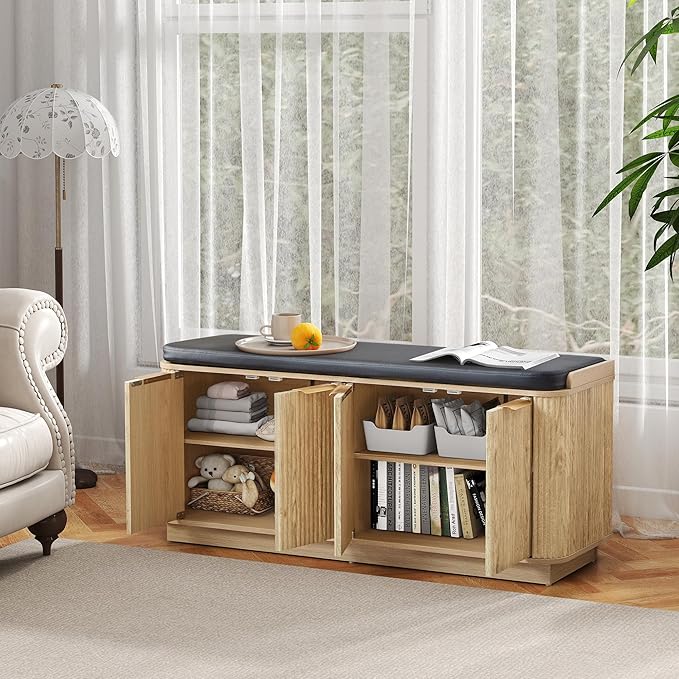 43.3''W Fluted Entryway Shoe Storage Bench with 4 Doors and Adjustable Shelf, 2-Tier Entry Bench Seat with Shoe Storage and Cushion, Shoe Cabinet Bench for End of Bed, Foyer - Natural