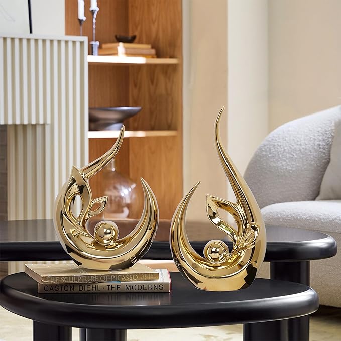 2 PCS Gold Home Decor Accent Ceramic Statue Abstract Sculptures Centerpieces Mid Century Modern Decor for Tables Coffee Table top Decorations for Living Room Desktop Shelf Dining Room Kitchen