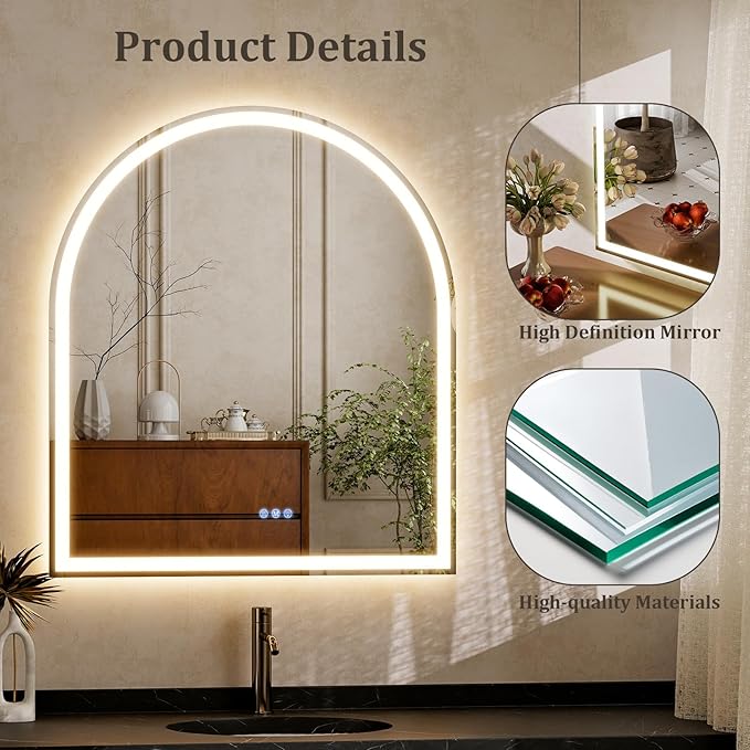 BEAUTYPEAK 34x30 LED Arch Bathroom Mirror with Lights, Anti-Fog, Dimmable, Backlit + Front Lit, Lighted Bathroom Vanity Mirror for Wall, 3 Colors, Memory Function, Tempered Glass, Shatter-Proof