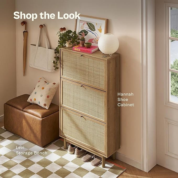 mopio Hannah Shoe Cabinet, Natural Rattan Farmhouse Shoe Storage Organizer, 3 Door Closet Rack for Entryway, Spacious Hallway Storage Cabinet with Doors & Shelves, Sturdy Solid Wood Legs (Riviera Oak)