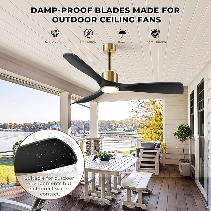 60" Smart Ceiling Fan with Lights,Black & Gold Ceiling Fan 3 Blade,Compatible with Alexa/Gg/App/Remote,6 Speed Quiet Reversible DC Motor for Patio Porch