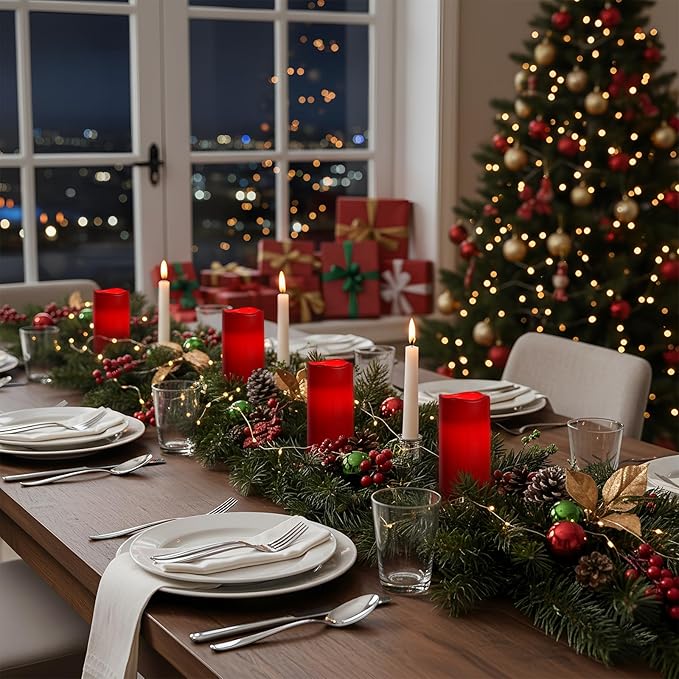 Amagic 3"x6" Red Flameless Candles with Remote, Christmas Battery Operated Candles with Timer, Waterproof LED Pillar Candles for Thanksgiving Table, Home, Outdoor Decor, Plastic, Set of 2