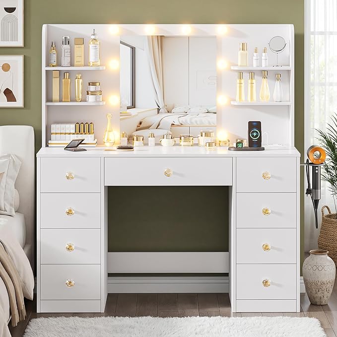 White Vanity Desk With Mirror and LED Lights, 3 Colors Adjustable, Large Makeup Vanity Desk with Power Strip and Hairdryer Holder, 9 Drawers & 6 Shelves Modern Dressing Table for Women, Bedroom