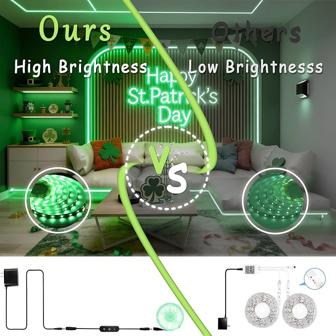 Green Led Lights Strip ST. Patrick's Day Decorations Indoor Rope Lights Easy DIY Cuttable Strip Lights for Room Bathroom Living Room Kitchen Ceiling Wall Vanity Mirror Decor