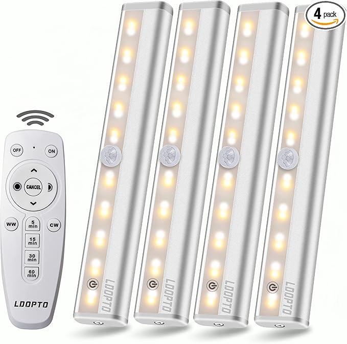 LDOPTO Under Cabinet Lights Wireless with Remote Control Dimmable Battery Operated LED Closet Lights Stick-on Kitchen Lighting with Timer for Kitchen Shelf Hallway Stairs, Multiple Colors 4 Pack