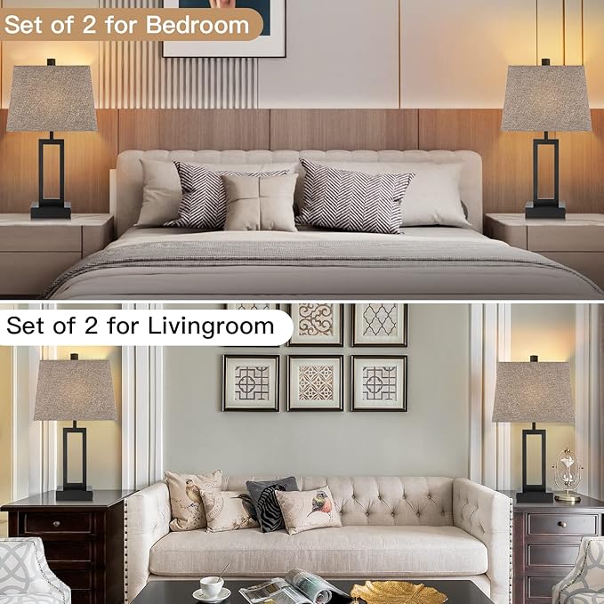 23.5" Touch Control Table Lamps Set of 2, Bedside Lamp with 2 USB Charging Ports & AC Outlet, 3-Way Dimmable Modern Nightstand Lamp for Living Room Bedroom End Table Office(2700K 2 LED Bulbs Included)