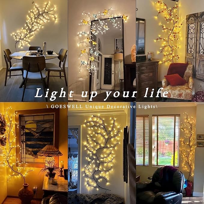 GOESWELL Smart Vine Light for Room Decor: 7.5ft 144 LEDs Music Timer Dimmable Fairy Tree Lights with Remote & App Control-Led Tree Branch Lights for Wall Mantel Corner Centerpieces Chritmas Halloween