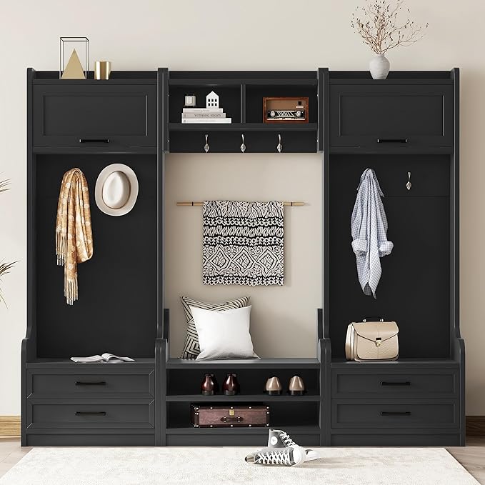 Bellemave Wide Hall Tree with Storage Bench, Wood Coat Rack with Cabinet and 7 Hooks, Mudroom Organizer with Shoes Storage Cubbies for Entryway Hallway (Black, 78" W)