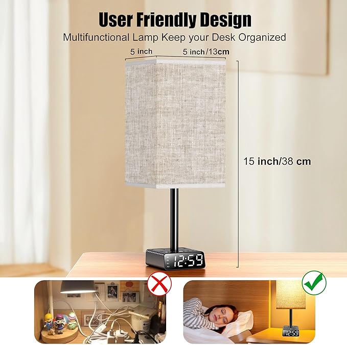 Touch Control Nightstand Light,Bedside Lamp with Alarm Clock&Charging Station - 2 Alarm Clock+ 2AC + 1USB-A + 1USB-C,Lamps with USB Ports and Outlets,3-Level Dimmable Touch Lamp