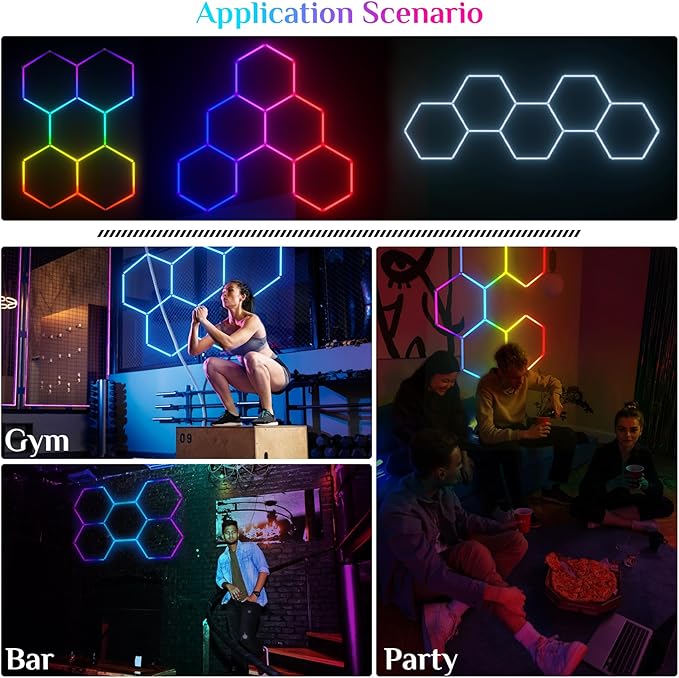 RGB Hexagon Lights with Remote, Music Sync Mode & 358+ Colors, LED Hexagon Lights for Gaming Room, Gym Lighting, Garage, Room Decor, Basement, Shop Light, Bar Lighting