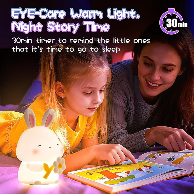 Bunny Night Light for Kids, 3 Level Dimmable Rabbit Nursery Nightlight, 1200mAh Soft Silicone Bedside Touch Lamps, Cute Rechargeable Easter Bunny Gifts for Baby Toddler Girls Boys Room Decor