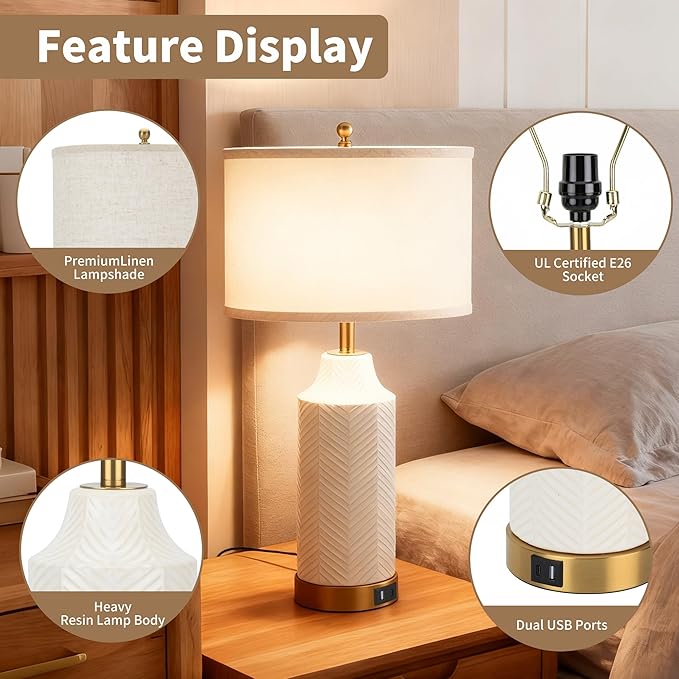 22" Ceramic Table Lamps with USB A+C Ports for Living Room, Dimmable Nightstand Touch Lamps Set of 2 with Linen Shade, Modern Bedside Lamp for Bedroom Home Decor, No Bulbs (1, White and Beige)