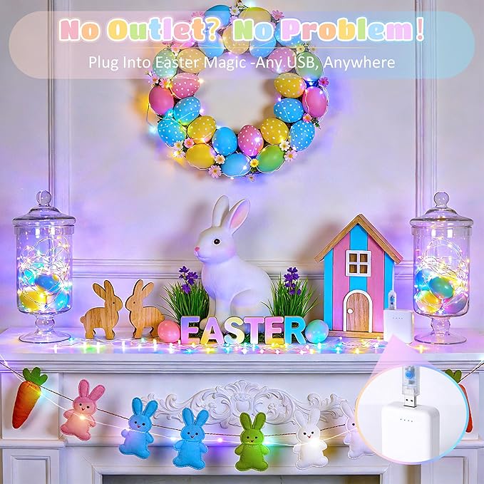 JMEXSUSS 100 LED USB Easter Lights Plug in, Pastel Fairy Lights with Timer for Outdoor & Indoor, Twinkle Lights for Bedroom Girl's Room Fireplace Easter Decorations