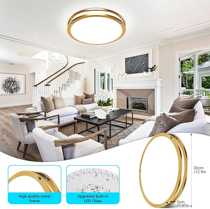 libtit 2Pack 13Inch Gold Ceiling Lights with Remote, Dimmable 5CCT 24W 2400lm Bright LED Flush Mount Light Fixture with Timer for Bedroom Kitchen Closets Hallway