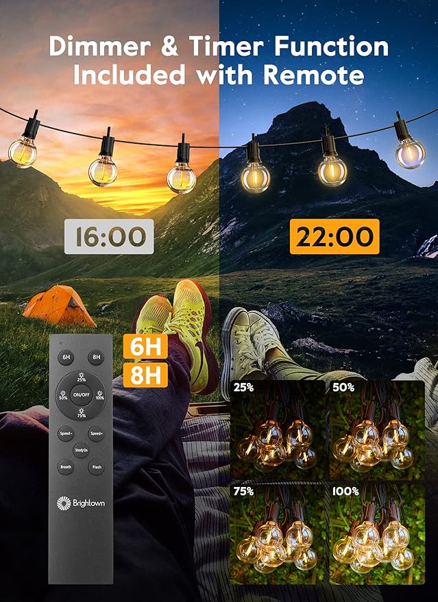 Brightown Led String Lights Outdoor 108Ft(98+10) with Remote, Patio String Lights for Outside with 52 Shatterproof Bulbs(2 Spare), Waterproof Hanging Lights for Backyard Bistro Party Cafe, E12 Socket
