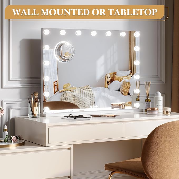 IDEALHOUSE Vanity Mirror with Lights, 32''x24'' Tabletop LED Makeup Mirror, 3 Color Lighting Modes, USB Charging Port Touch Control, Detachable 3X Magnification Mirror, Tabletop or Wall-Mounted