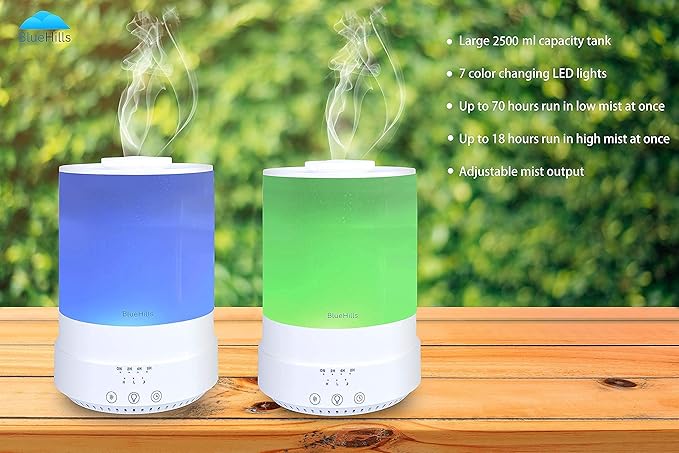 BlueHills Premium Set of 2 2000 ML and 2500 ML Large Essential Oils Diffusers for Big Rooms High Mist Output XL Capacity Adjustable Cool Mist Great Gift – Value Pack of 2 White