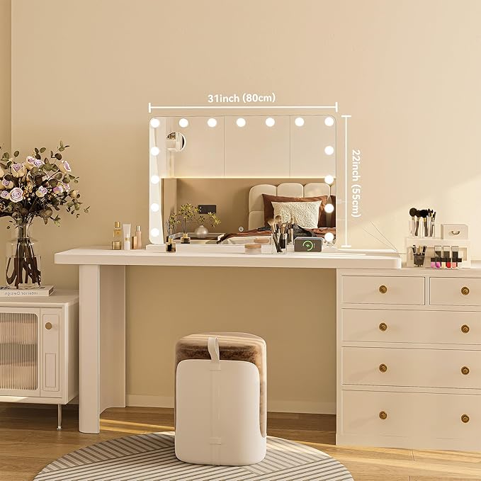 Hasipu 31"x22" Vanity Mirror with Lights, Makeup Mirror with Lights and Magnification, Hollywood Mirror with 3 Color Modes, LED Make up Mirror, Light up Mirror with USB & Type-C Charging