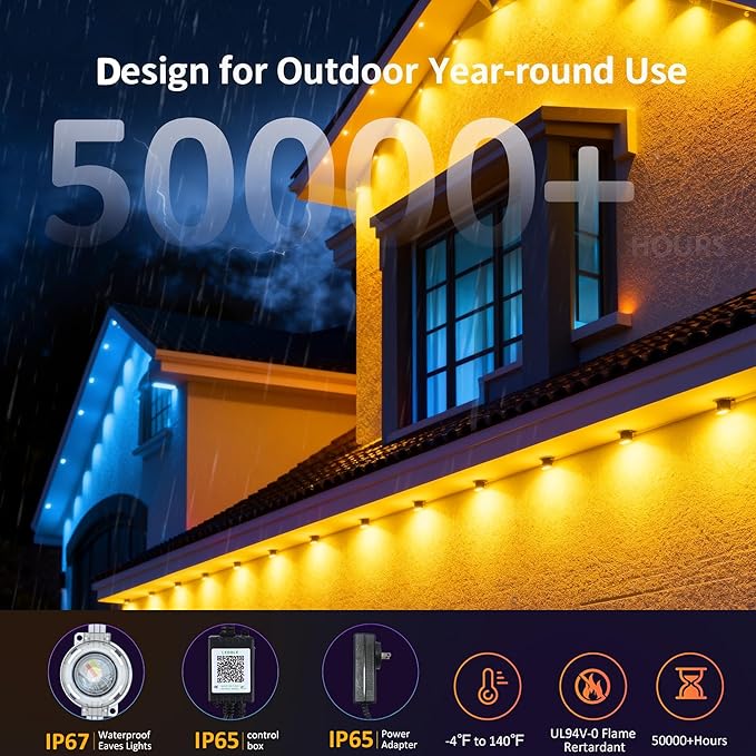 RGB Permanent Outdoor Lights, 100FT Smart LED Eaves Lights with APP & Remote Control, IP67 Waterproof Outdoor String Lights for Christmas, Halloween,Party, Garden, Patio, House Decor