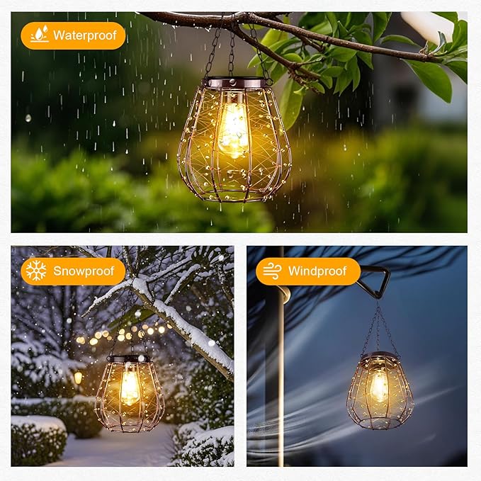 Hanging Solar Lantern Lights, Solar Chandelier Outdoor Waterproof Vintage Copper Outdoor Hanging Lights for Outside Gazebo, Pergola, Porch, Yard, Garden, Pathway, Decor, 2 Pack- ALL FORTUNE