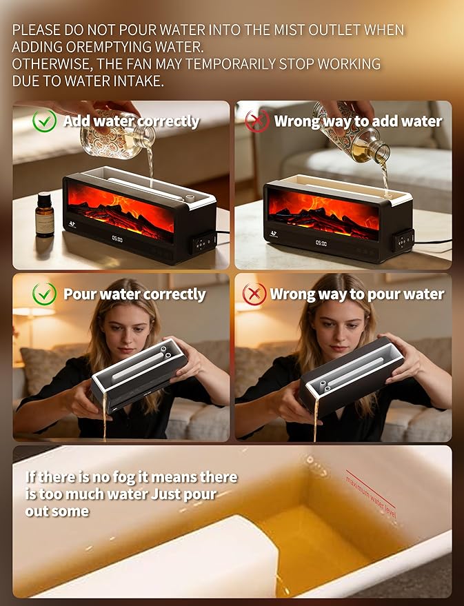 Fireplace Essential Oil Diffuser with Realistic Flame Effect, 250ML Aroma Diffuser, 7 Color LED Lights, Remote Control, Quiet Mist for Bedroom Home Office (Black)