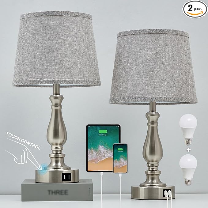 Table Lamps for Bedroom Set of 2,Dimmable Touch Bedside Lamps with Dual USB A+C Ports - Nightstand Lamp for End Table Modern Night Stand Lamps for Living Room Guest Room