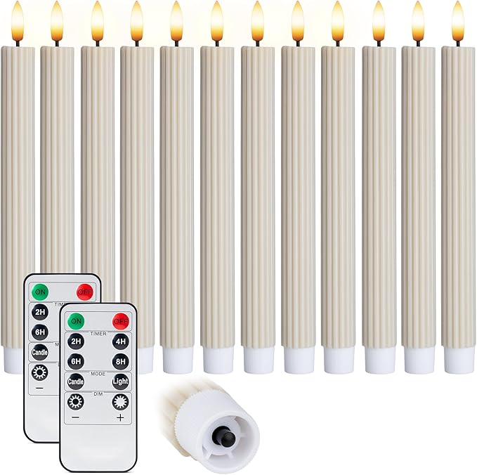 12 Pack, 10" LED Flameless Cream Beige Fluted Ribbed Grooved Taper Candles, Remote & 24h Timer Memory, On/Off Button, Dimmable, Flicker Mode, Battery Operated, Christmas Menorah Wedding