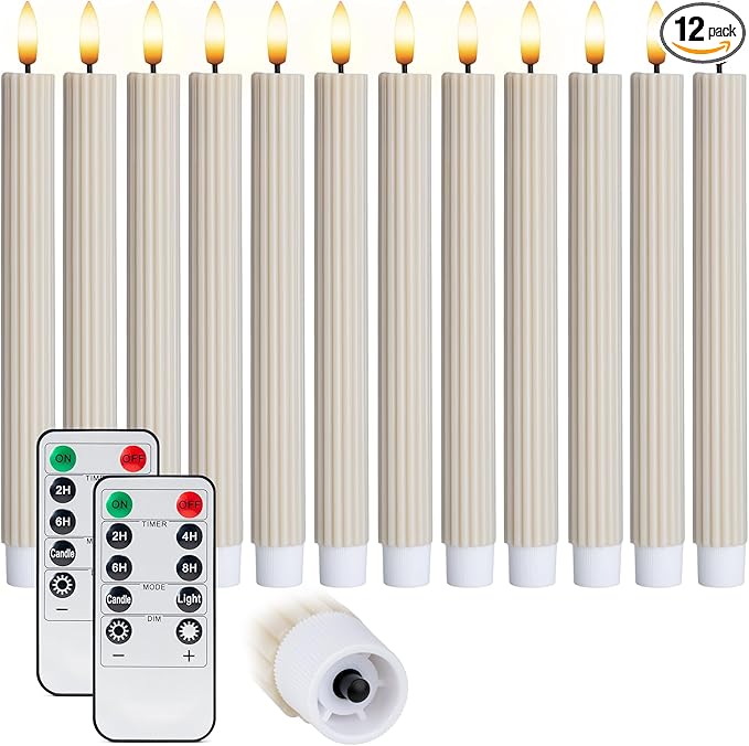 WYZworks 10" Fluted Ribbed LED Cream Beige Grooved Pillar Candles, Remote & 24h Timer Memory, On/Off Switch - Flameless Dimmable Battery Operated w/Flicker Mode, Home Wedding Decor (12 Pack)