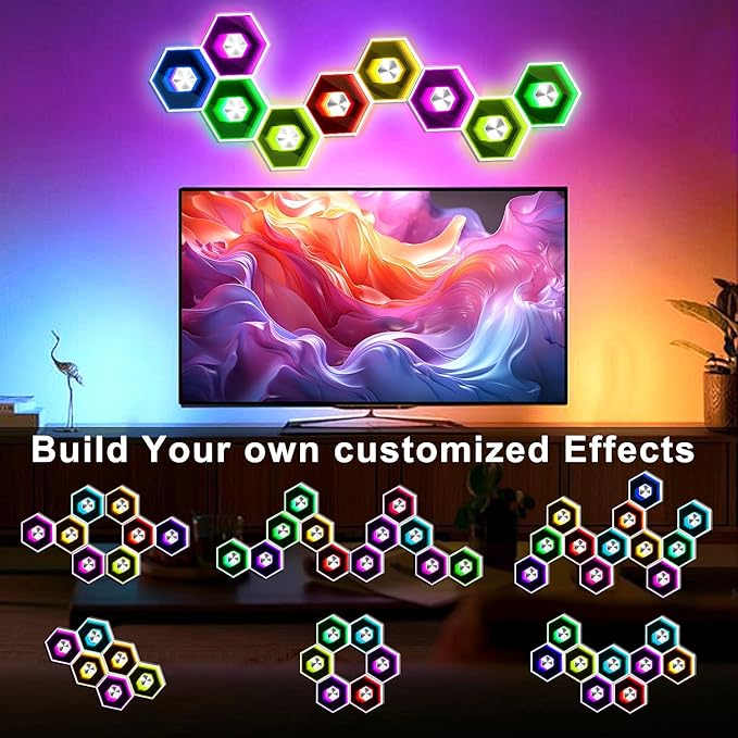 Hexagon LED Lights - 12 Pack Smart APP RGBW Gaming LED Light with Remote Control & Music Sync Honeycomb Shape Hexagon Wall Lights for Bedroom, Living Room Wall, Gaming Decor