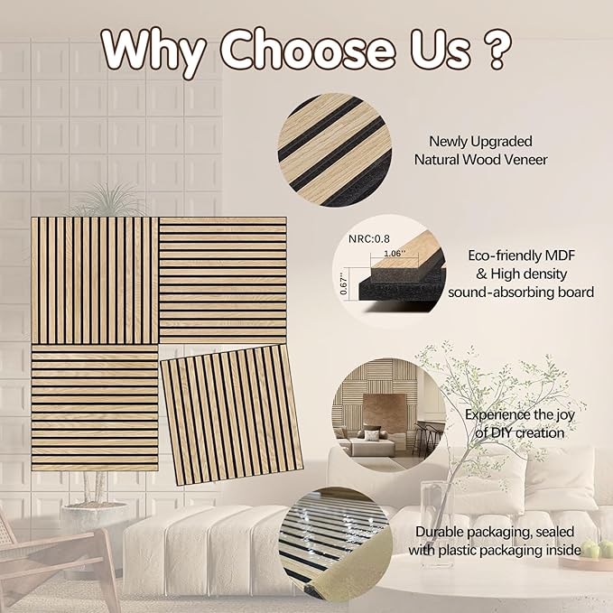 Acoustic Wood Panels for Wall 4-Pack - Natural Oak Veneer Soundproof Panels for Home & Office, 23.6" Wood Wall Panels with Noise Reduction (23.6" W x 23.6" L)