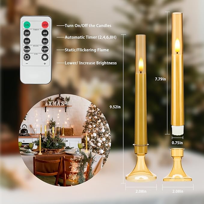 Gold Flameless LED Taper Candles with Remote and Timer, 6 Pack Battery Operated Candles 9.25"x0.75" for Xmas Wedding Decor, 3D Flickering Flameless Candles with Acrylic Candlesticks