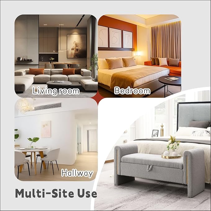 Modern 52" Storage Ottoman Bench, Upholstered End of Bed Storage Bench with Armrests, Entryway Bench, Teddy Foot Rest Stool for Living Room Hallway Bedroom (Grey)