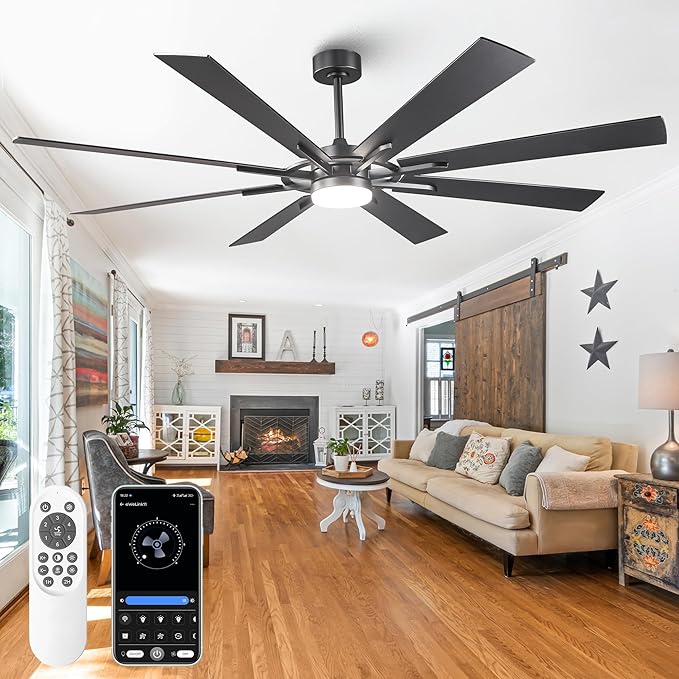 Ceiling Fans with Lights and Remote/ APP, 72 Inch Farmhouse Chandelier Ceiling Fan for Bedroom Living Room, Black Industrial Lighting Ceiling Fans Outdoor Indoor, 6-Speed DC Motor Reversible 8 Blades