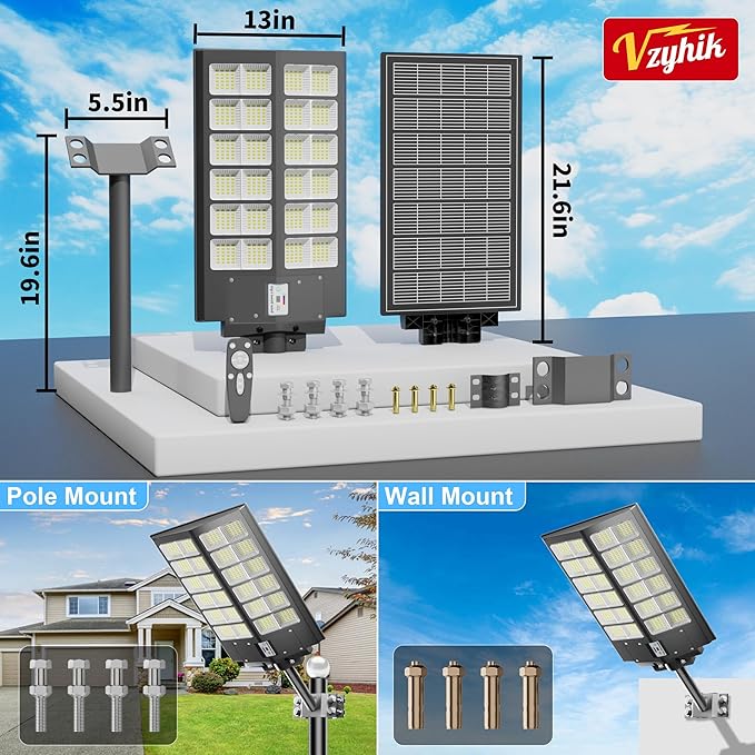 9000W Solar Street Lights Outdoor Dusk to Dawn, 240000LM 7000K IP67 Waterproof Motion Sensor Parking Lot Lights for Garden Pathway, High Efficiency LED Solar Street Lights