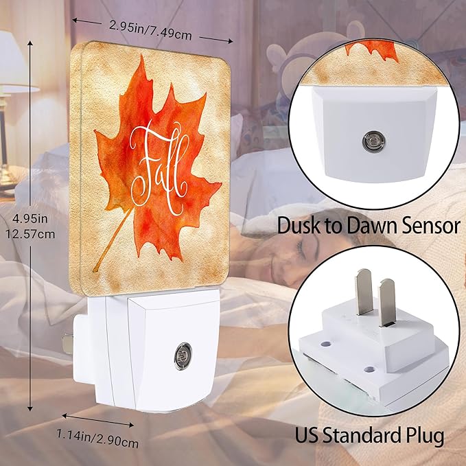 Fall Autumn Maple Leaf Night Light Plug in Wall Lamp Smart Dusk to Dawn Sensor for Home Decorative, Kids Room Bedroom Bathroom Kitchen Hallway Gifts