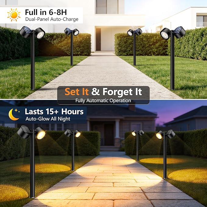 24 Inch Tall Solar Pathway Lights Outdoor, 2X Brighter & 150° Adjustable Dual-Head, IP65 Waterproof, Up to 15Hrs Auto On/Off Solar Landscape Path Lights for Yard Garden Driveway, 4 Pack
