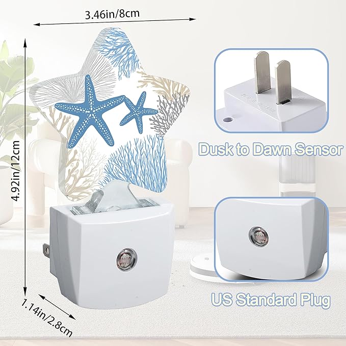 Ocean Starfish Coral Night Light,Coastal Beach Plug-in Star Night Lights with Dusk-to-Dawn Sensor for Bedroom,Bathroom,Living Room Sleep Friendly Lamp for Women Girls Boys Gift,0.5W