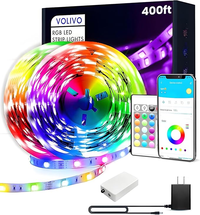 VOLIVO 400ft Led Strip Lights for Bedroom, Color Changing Led Light Strips Kit with 24 Keys IR Remote and Smart App Control, RGB Music Sync Lighting for Room, Home Decor