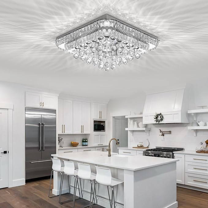 REDSTAR 24" Crystal Ceiling-Light Flush Mount with Remote and APP, 3 Colors Temp & Brightness Adjustable, Modern Crystal Raindrop Chandeliers for Bedroom Hallway Dinning and Living Rooms-Square