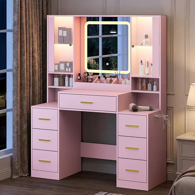 Vanity Desk with Mirror and Lights, Makeup Vanity with 7 Drawers, 2 Glass Door Cabinets, Charging Station, Adjustable Shelves, RGB Lighting, Hair Dryer Holder