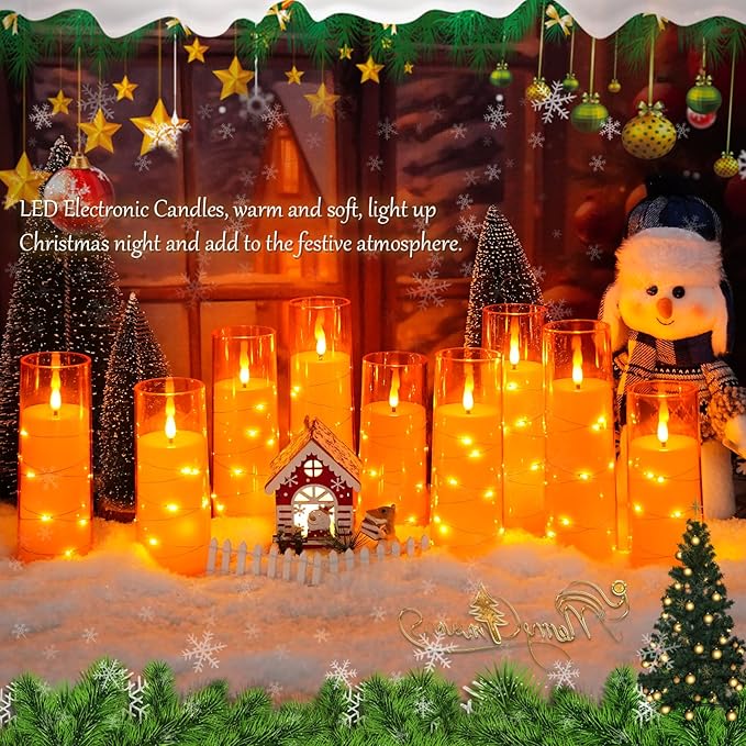 Flameless LED Candles with Timer 9 Pc Flickering Flameless Candles for Romantic Ambiance and Home Decoration Stable Acrylic Shell,with Embedded Star String，Battery Operated Candles（Orange）
