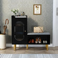 HLR Storage Bench with Glass Door&Shelf, Modern Entryway Shoe Cabinet Bench with Padded Seat, L-Shaped Storage Cabinet for Hallway, Bedroom, Living Room, Office, Black