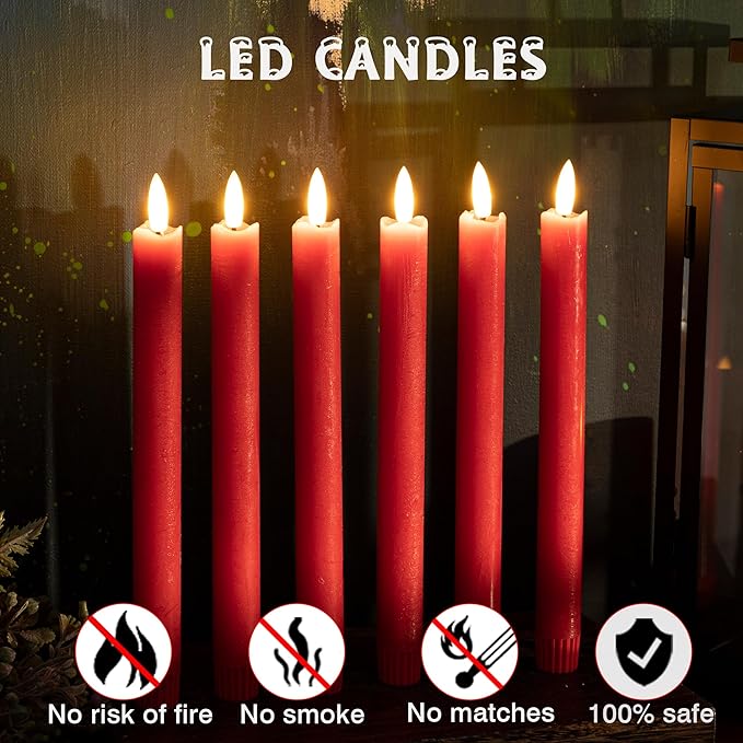 Red Flameless Taper Candles with Rmote, 9.6" Real Wax Battery Operated Candles with 3D Wick, 3 Pack Christmas Led Candlesticks for Table, Home, Wedding, Party, Xmas Decor