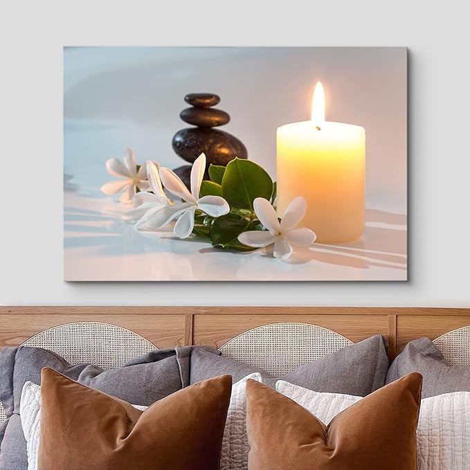 wall26 Canvas Print Wall Art Tropical White Flowers Massage Stone Spa Candles Yoga Nature Photography Realism Rustic Scenic Landscape Colorful for Living Room, Bedroom, Office - 12"x18"
