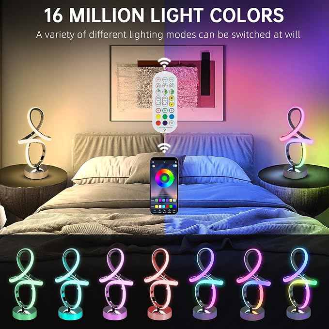 Modern RGB Table Lamps, LED Spiral Table Lamp, Silver Bedside Lamp with Remote&APP, Multicolor Changing Nightstand Lamp with Music Rhythm Modes for Bedroom, Living Room, Gaming Room, Christmas Gifts