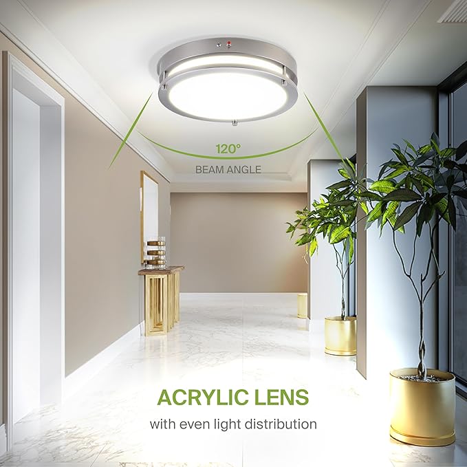 ASD LED 16" Round Flush Mount Lighting, Close to Ceiling Light Fixture | 3CCT, Dimmable, Battery Backup, ETL Listed | 24W 2116LM 3000-5000K 100-277V | Low Profile Double Ring Lamp | Nickel