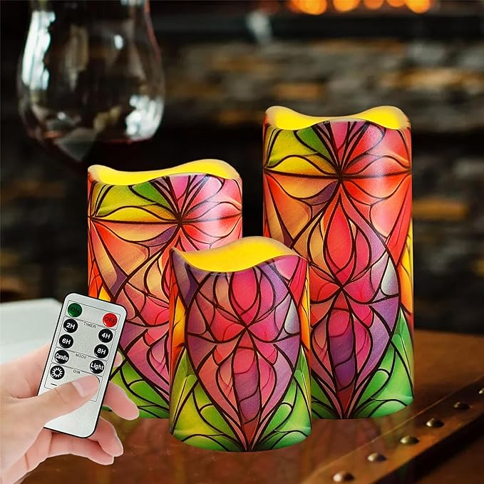 Remote Flameless Candles-Set of 3 Stained Glass LED Pillar Candles Battery Operated Candle with Timer, 4" 5" 6" for Home Window Shelf Decor