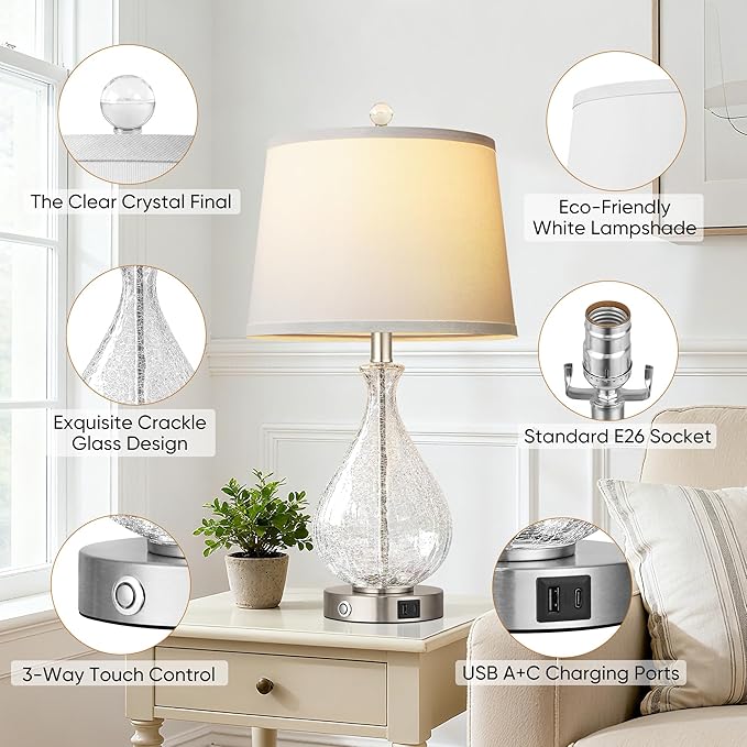 QiMH Glass Table Lamps for Living Room, Bedside Lamps Set of 2 with USB A+C Charging Ports, 3 Way Dimmable Touch Lamps for Nightstand, 22.5" Modern Table Lamp for Bedroom Office, LED Bulbs Included